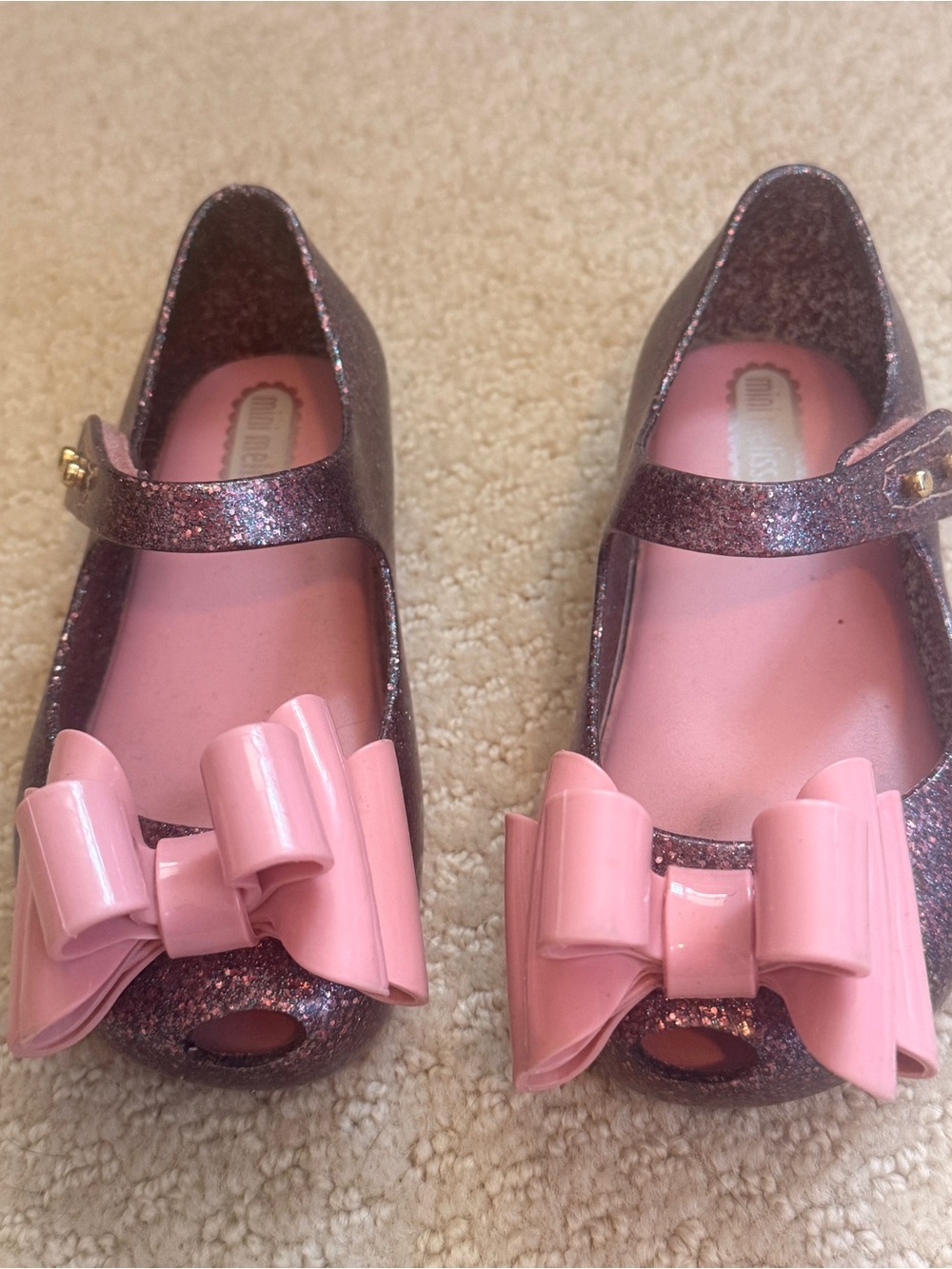 Mini Melissa Glitter Mary Jane Flats with Pink Bows